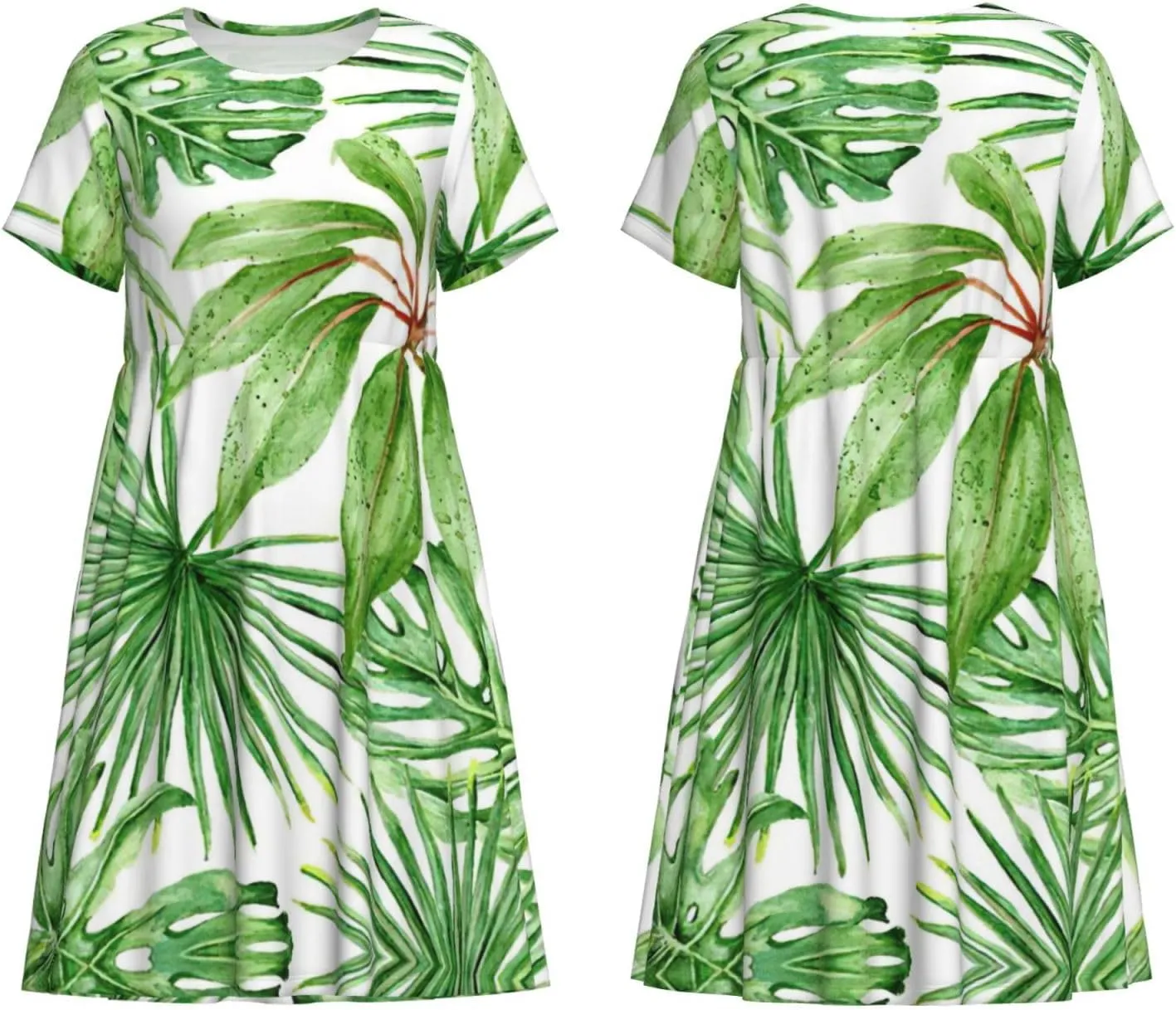 Tropical Palm Banana Leaves Print Women's Short Sleeve Dress,Sundresses Summer A-Line Dress with Pockets