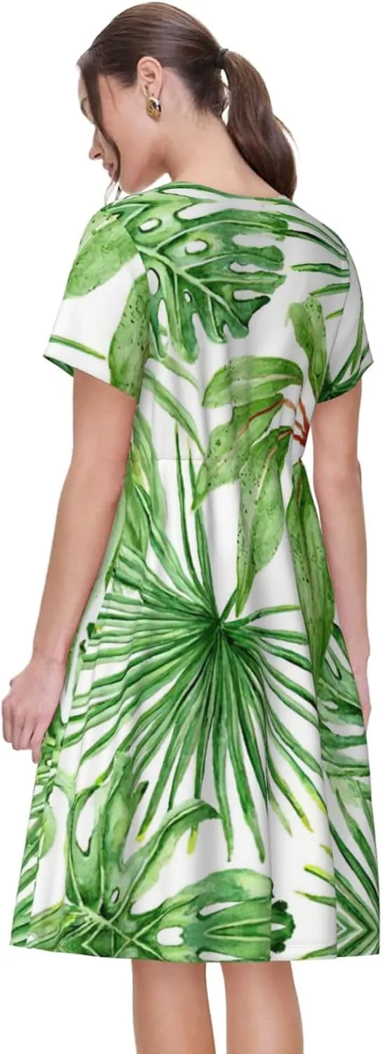 Tropical Palm Banana Leaves Print Women's Short Sleeve Dress,Sundresses Summer A-Line Dress with Pockets