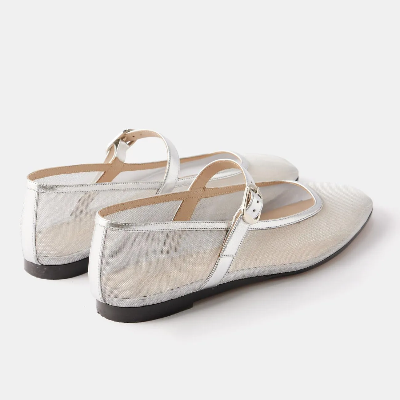 Tulle Mesh Ballet Flats for Women Slingback Square Toe Buckle Strap Slip On Fishnet Ballerina Shoes Casual Comfortable Dress Mary Jane Flat Sandals Leather