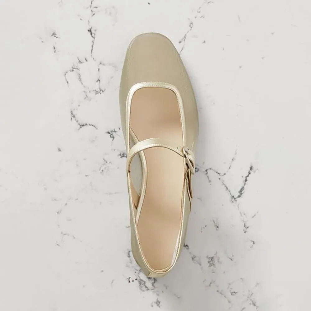 Tulle Mesh Ballet Flats for Women Slingback Square Toe Buckle Strap Slip On Fishnet Ballerina Shoes Casual Comfortable Dress Mary Jane Flat Sandals Leather