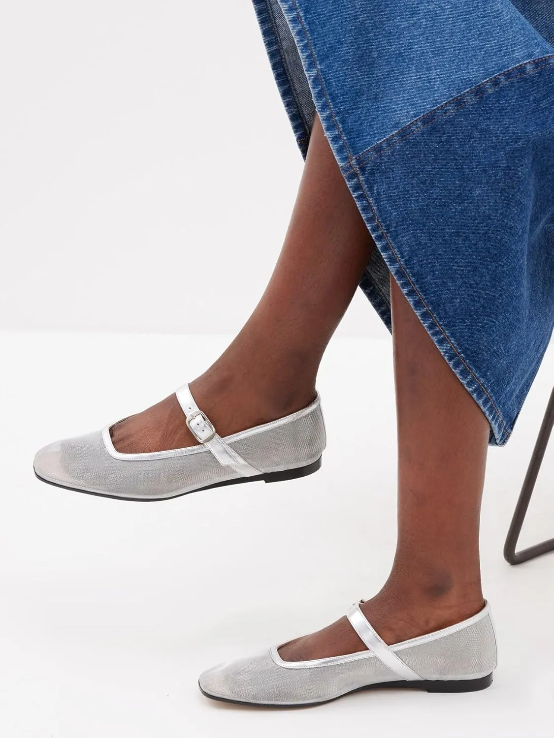 Tulle Mesh Ballet Flats for Women Slingback Square Toe Buckle Strap Slip On Fishnet Ballerina Shoes Casual Comfortable Dress Mary Jane Flat Sandals Leather
