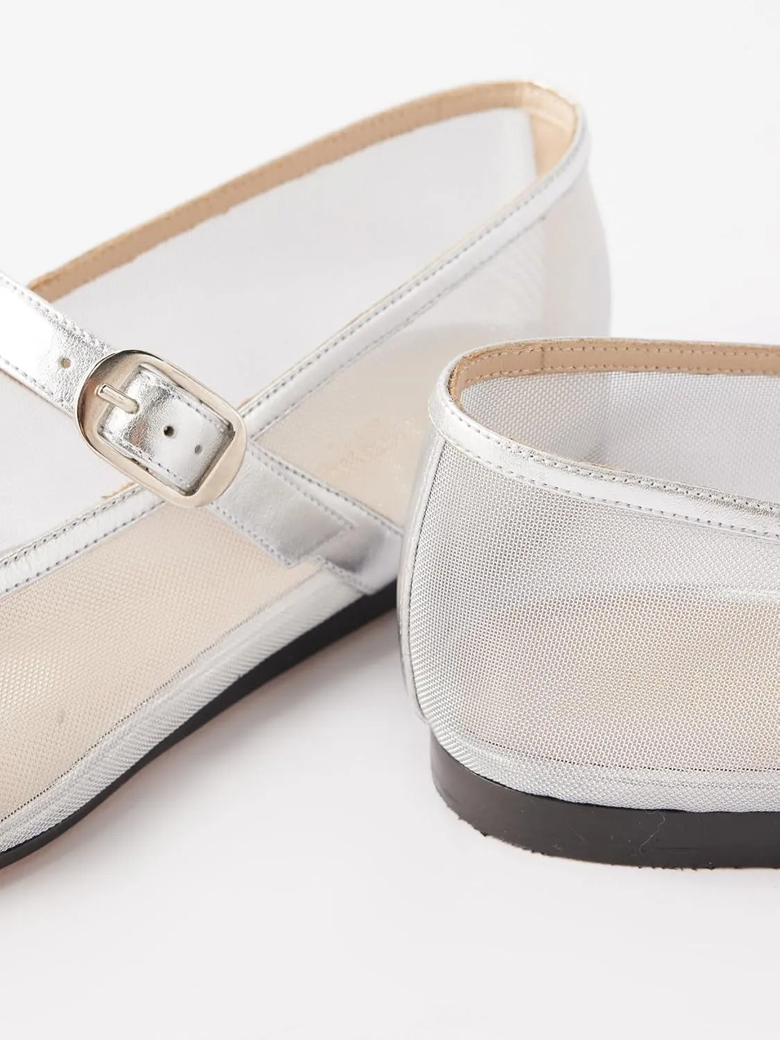 Tulle Mesh Ballet Flats for Women Slingback Square Toe Buckle Strap Slip On Fishnet Ballerina Shoes Casual Comfortable Dress Mary Jane Flat Sandals Leather