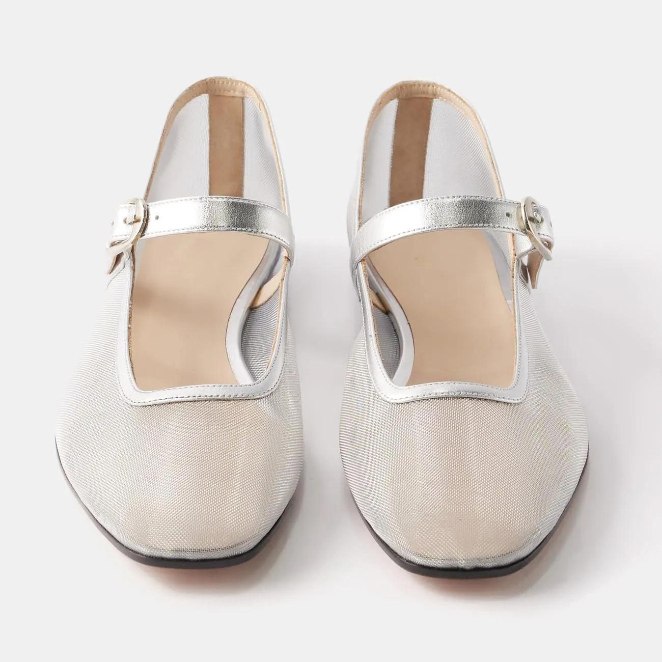 Tulle Mesh Ballet Flats for Women Slingback Square Toe Buckle Strap Slip On Fishnet Ballerina Shoes Casual Comfortable Dress Mary Jane Flat Sandals Leather