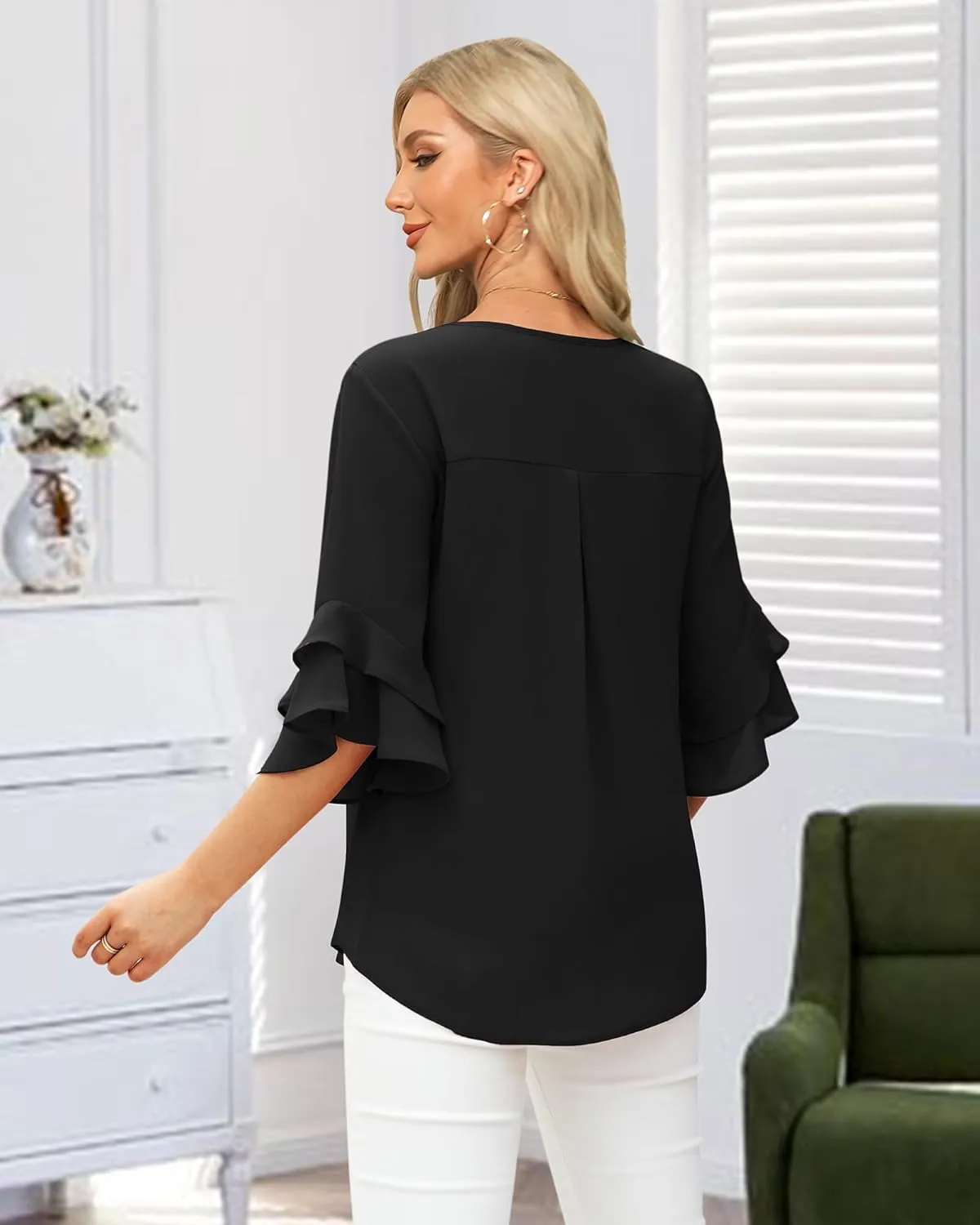 VALOLIA Womens Blouses 3/4 Sleeve Dressy Tops Business Casual Double Layers Shirts