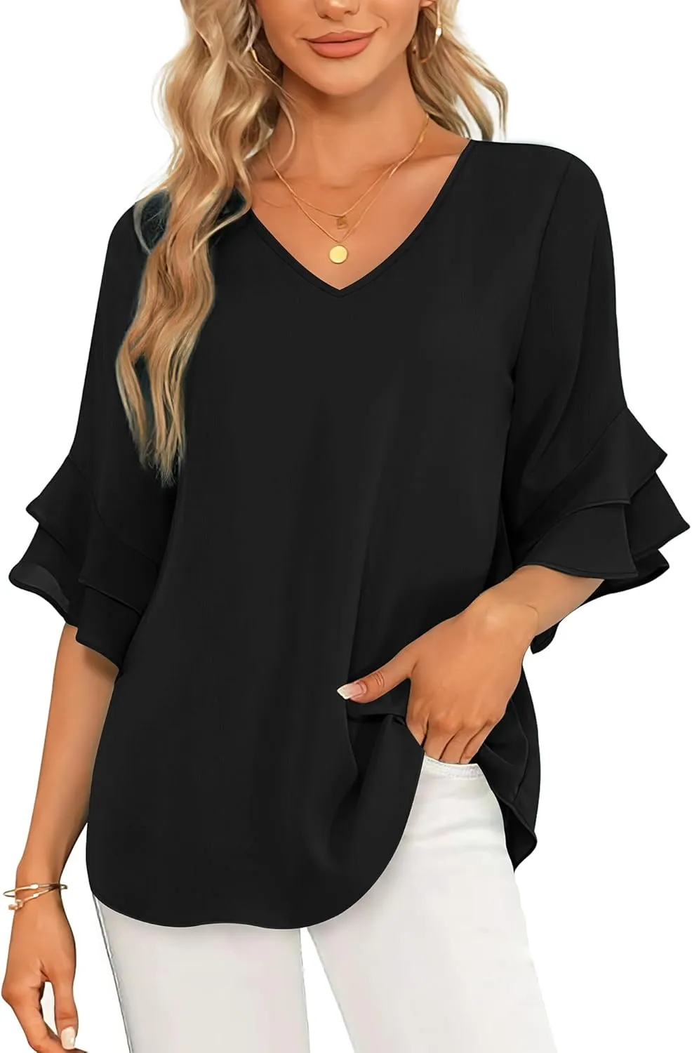 VALOLIA Womens Blouses 3/4 Sleeve Dressy Tops Business Casual Double Layers Shirts