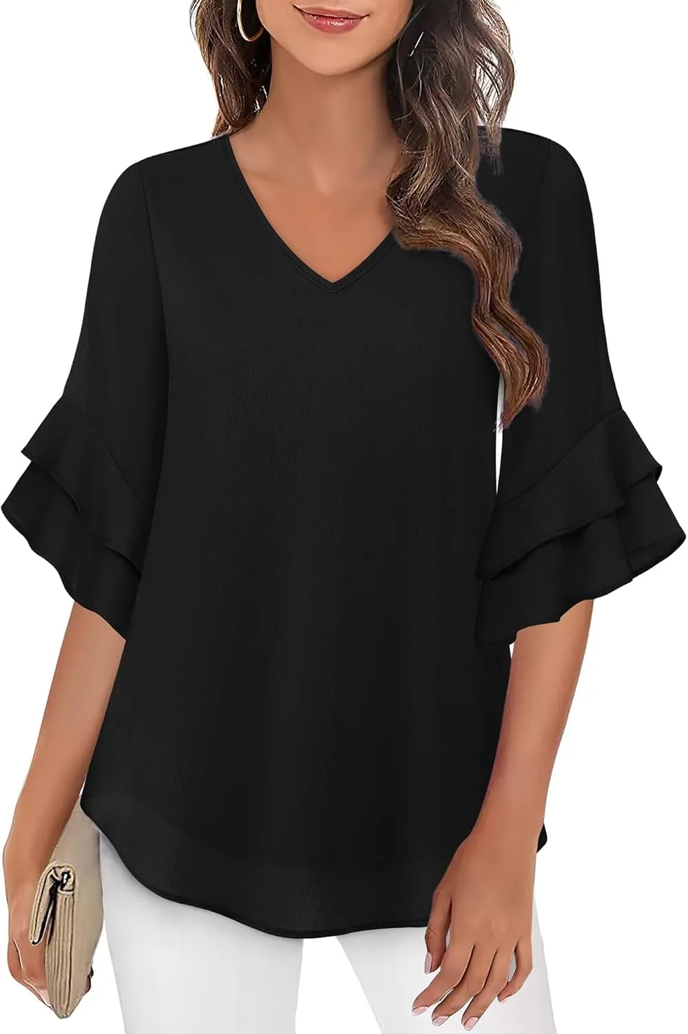 VALOLIA Womens Blouses 3/4 Sleeve Dressy Tops Business Casual Double Layers Shirts
