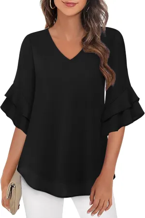VALOLIA Womens Blouses 3/4 Sleeve Dressy Tops Business Casual Double Layers Shirts