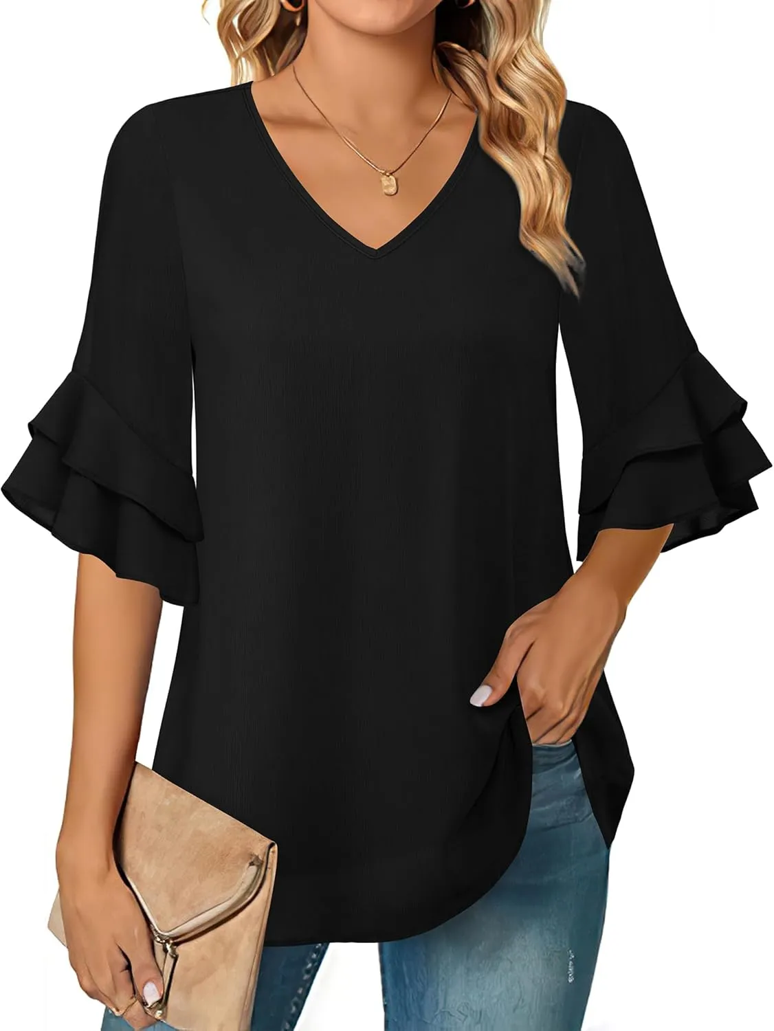 VALOLIA Womens Blouses 3/4 Sleeve Dressy Tops Business Casual Double Layers Shirts