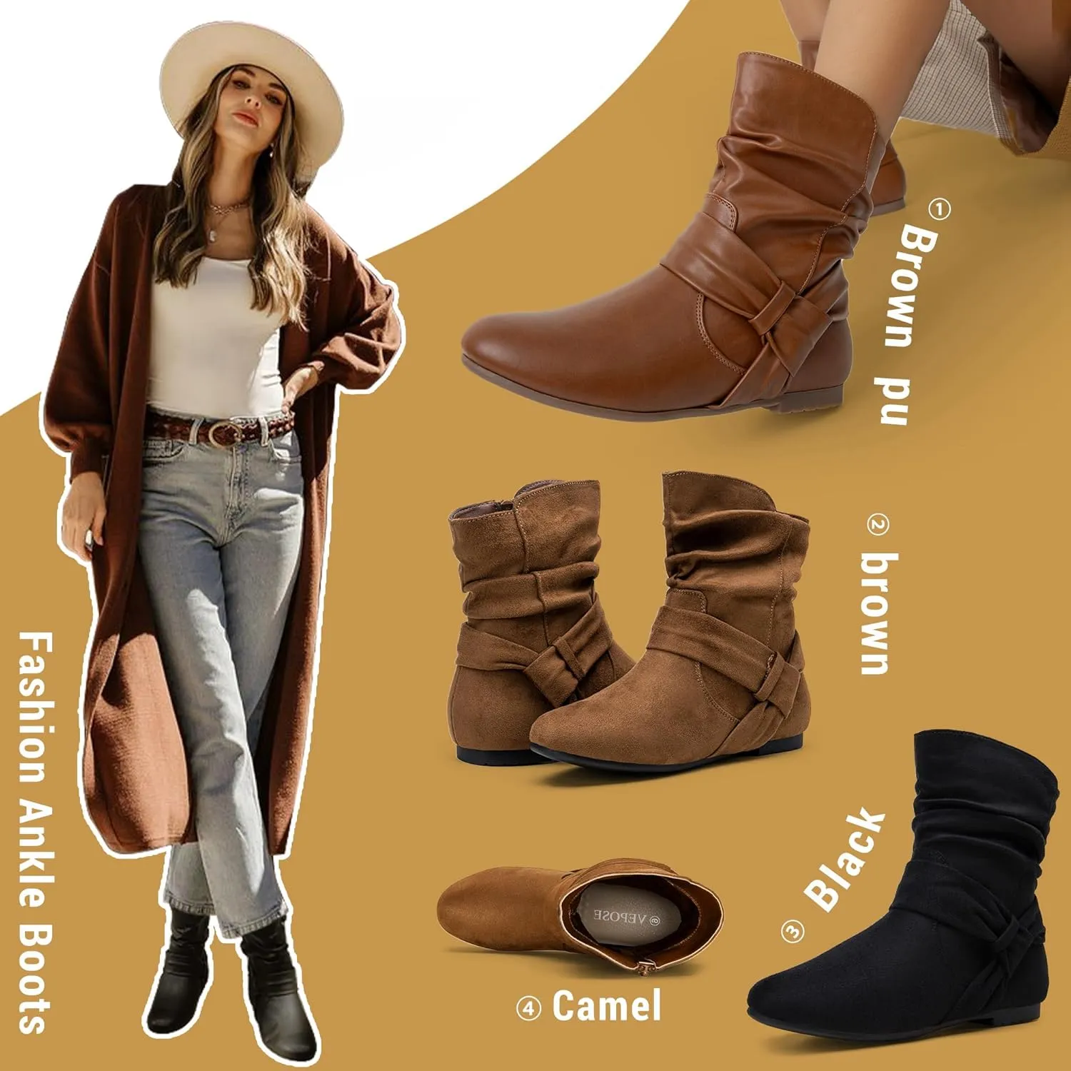 Vepose Women's Slouch Ankle Flat Boots Fashion Short Low Heel Zipper 939A Booties
