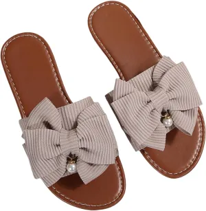 Verdusa Women's 3D Bow Pearls Flat Sandals Coquette Open Toe Slip on Summer Slippers