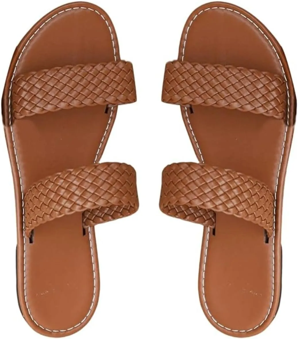 Verdusa Women's Braided Two Band Flat Sandals Summer Slide Sandals Casual Shoes