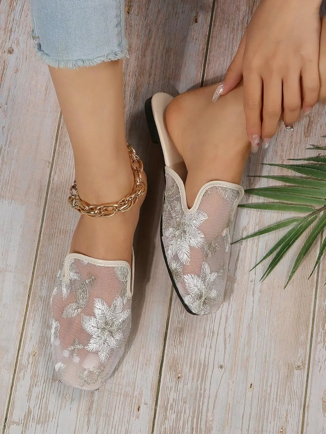 Verdusa Women's Floral Embroidered Backless Flat Shoes Sheer Outdoor Mule Flats