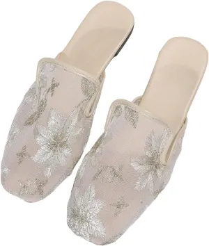 Verdusa Women's Floral Embroidered Backless Flat Shoes Sheer Outdoor Mule Flats