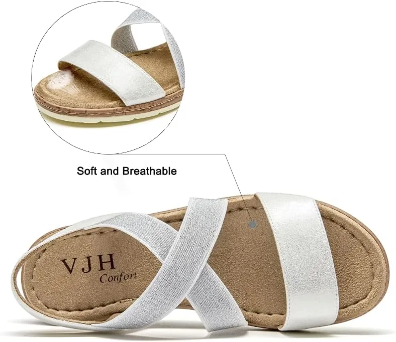 VJH confort Women's Flat sandals, Comfort Slip-on Elastic ankle strap Slingback Light Weight Casual Walking Sandals