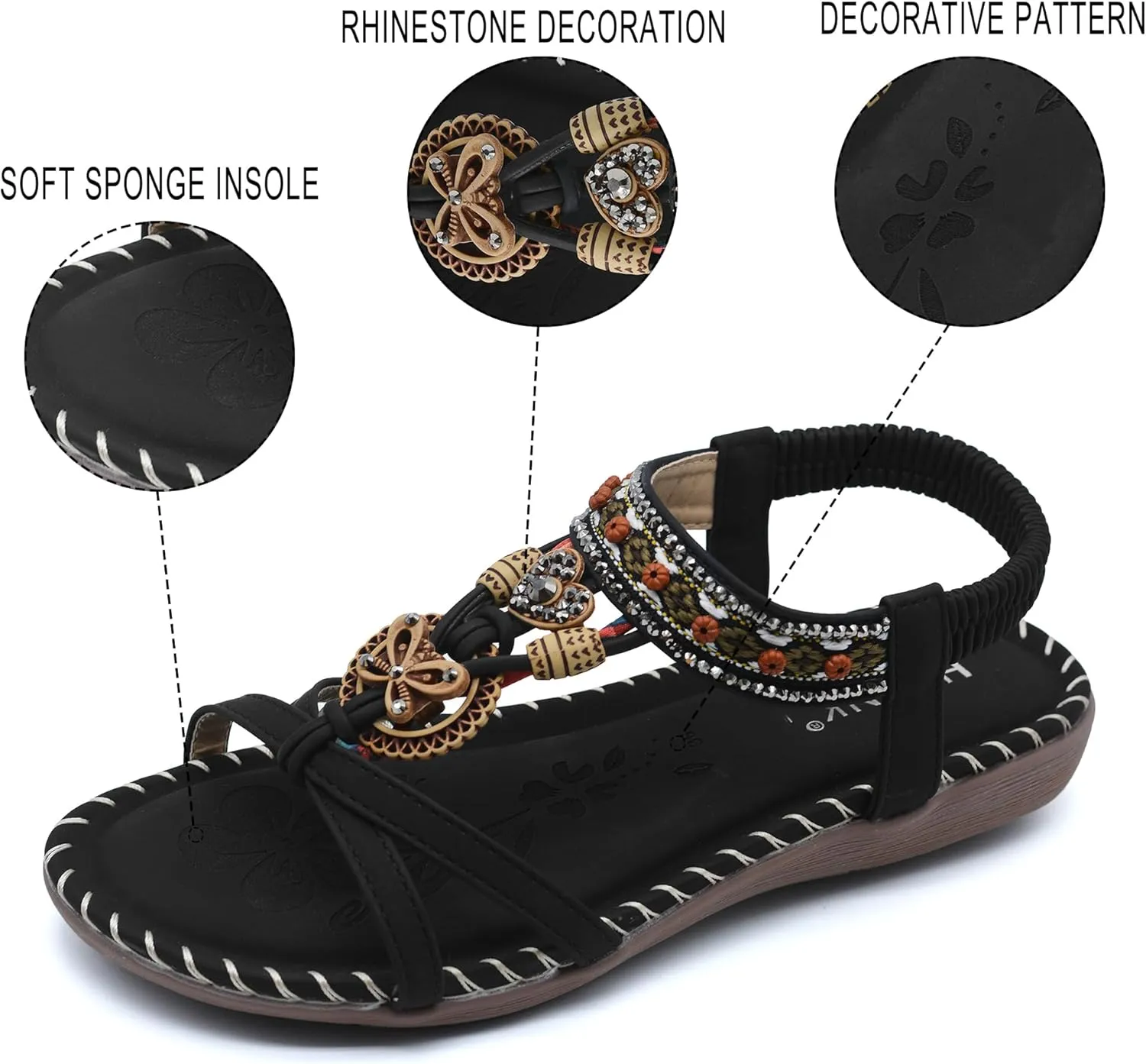 Walking Sandals Women Comfort Dressy Womens Flat Sandals Non Slip On Bohemian Summer Beach Shoes With Elastic Ankle Strap