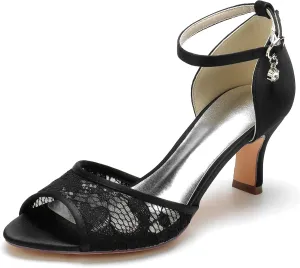 Wedding Shoes Women's Lace Low Heel Open Toe Sandals Satin Ankle Strap Bridal Wedding Dress Pump Shoes 6.5Cm