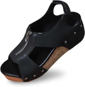 Wedge Sandals for Women 2025 Ankle Strap Front Zipper Roman Sandals Retro Summer Shoes Open Toe Wide Width Non Slip Walking Sandal Comfortable Going Out Shoes