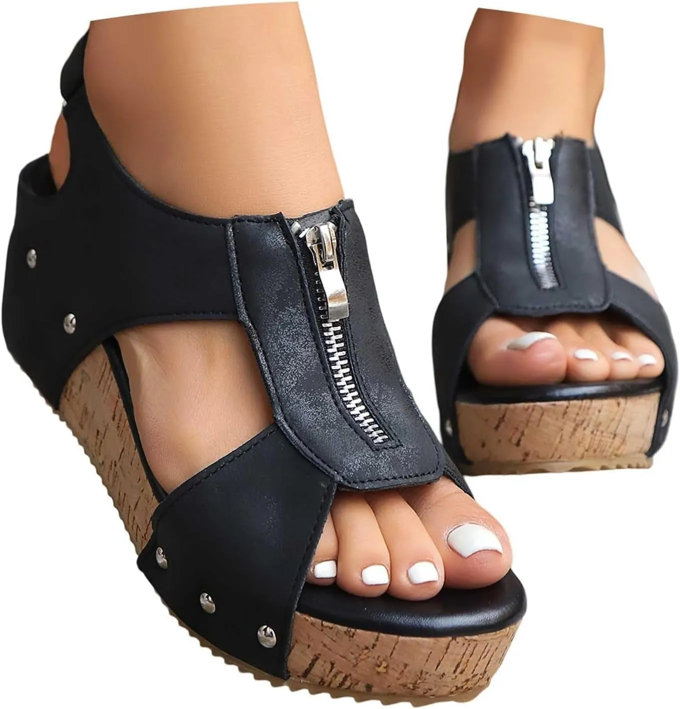 Wedge Sandals for Women 2025 Ankle Strap Front Zipper Roman Sandals Retro Summer Shoes Open Toe Wide Width Non Slip Walking Sandal Comfortable Going Out Shoes