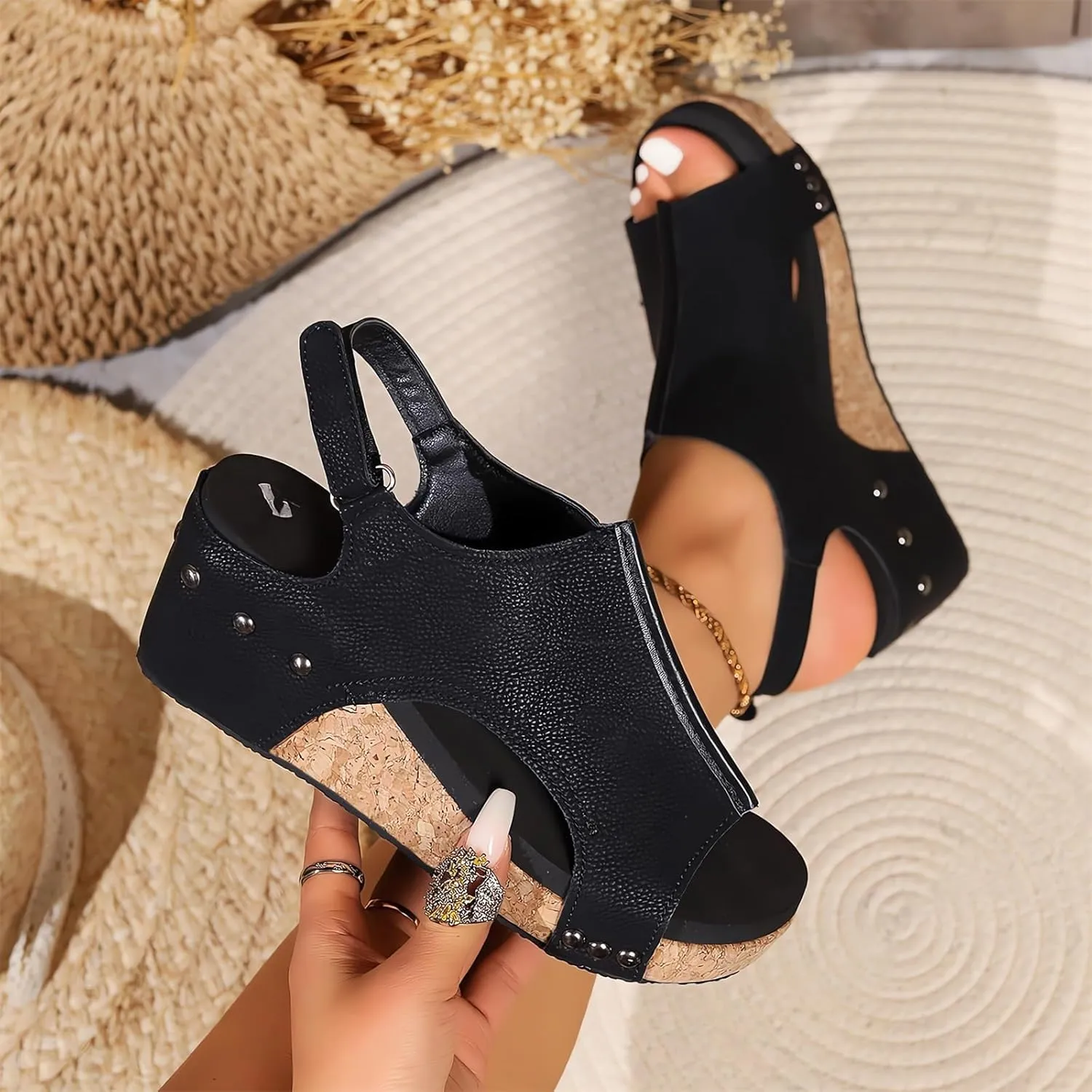 Wedge Sandals for Women Orthopedic Open Toe Slip On Sandals Comfort Cork Footbed Leather Platform Slides Sandal Casual & Dressy Summer Shoes