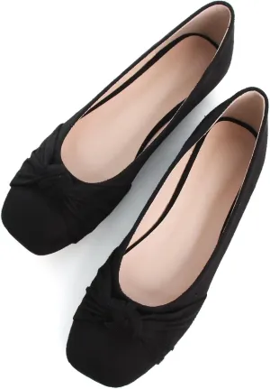 WENJIAZHIZHI Pleated Bowknot Ballet Flats Shoes for Women Suede Dressy Shoes Comfortable Square Toe Slip On Walking Loafers Flats