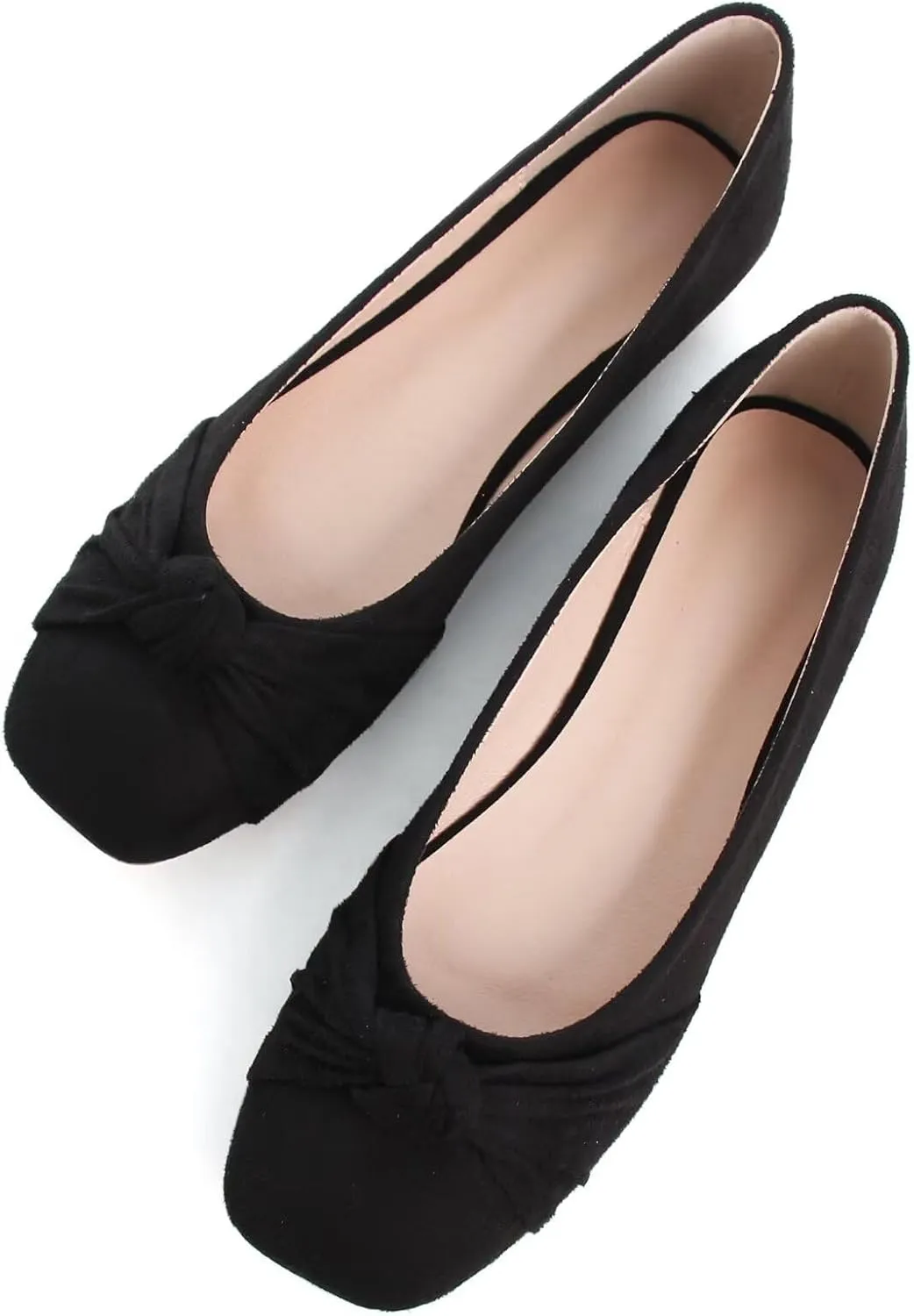 WENJIAZHIZHI Pleated Bowknot Ballet Flats Shoes for Women Suede Dressy Shoes Comfortable Square Toe Slip On Walking Loafers Flats