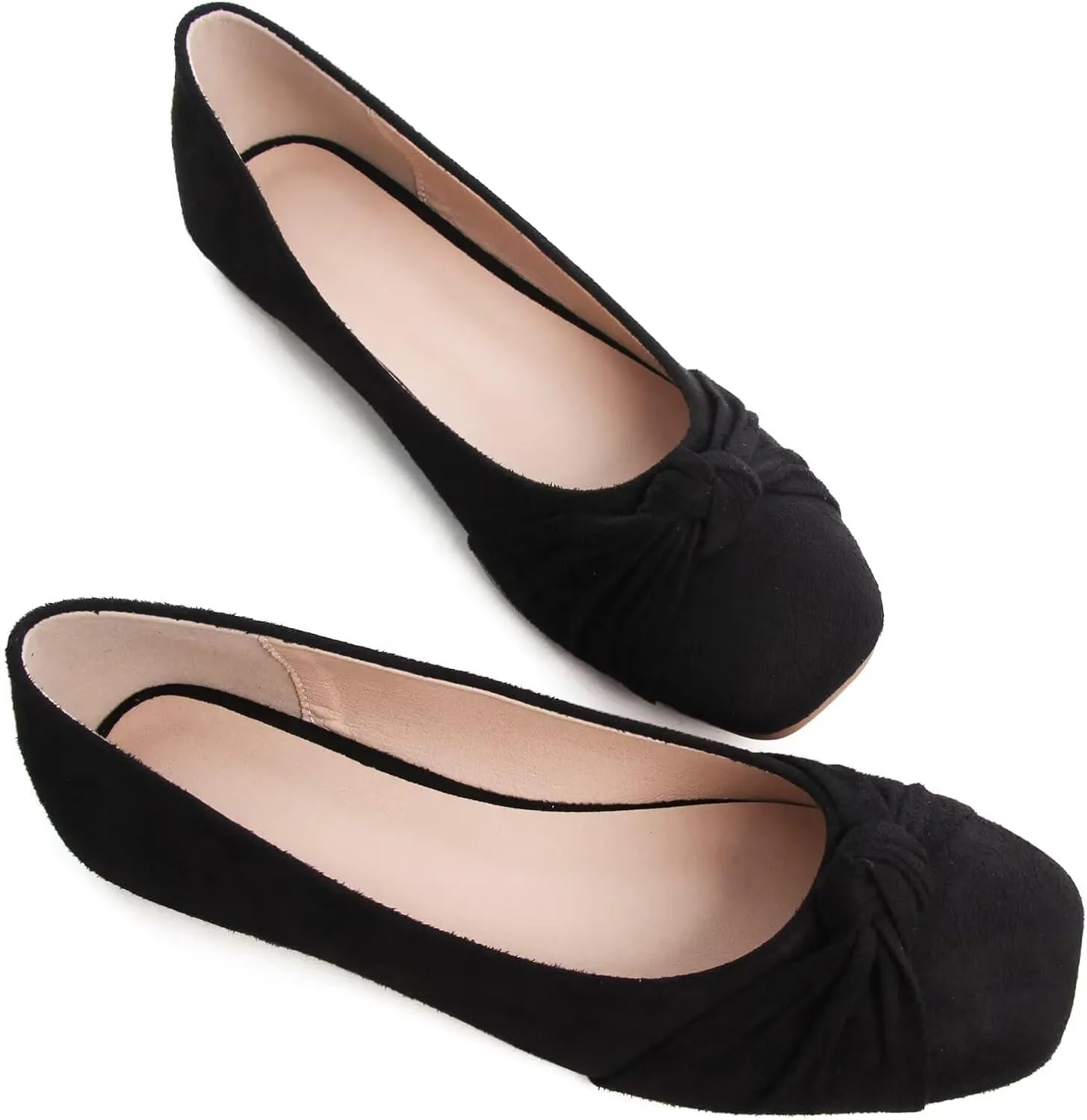WENJIAZHIZHI Pleated Bowknot Ballet Flats Shoes for Women Suede Dressy Shoes Comfortable Square Toe Slip On Walking Loafers Flats