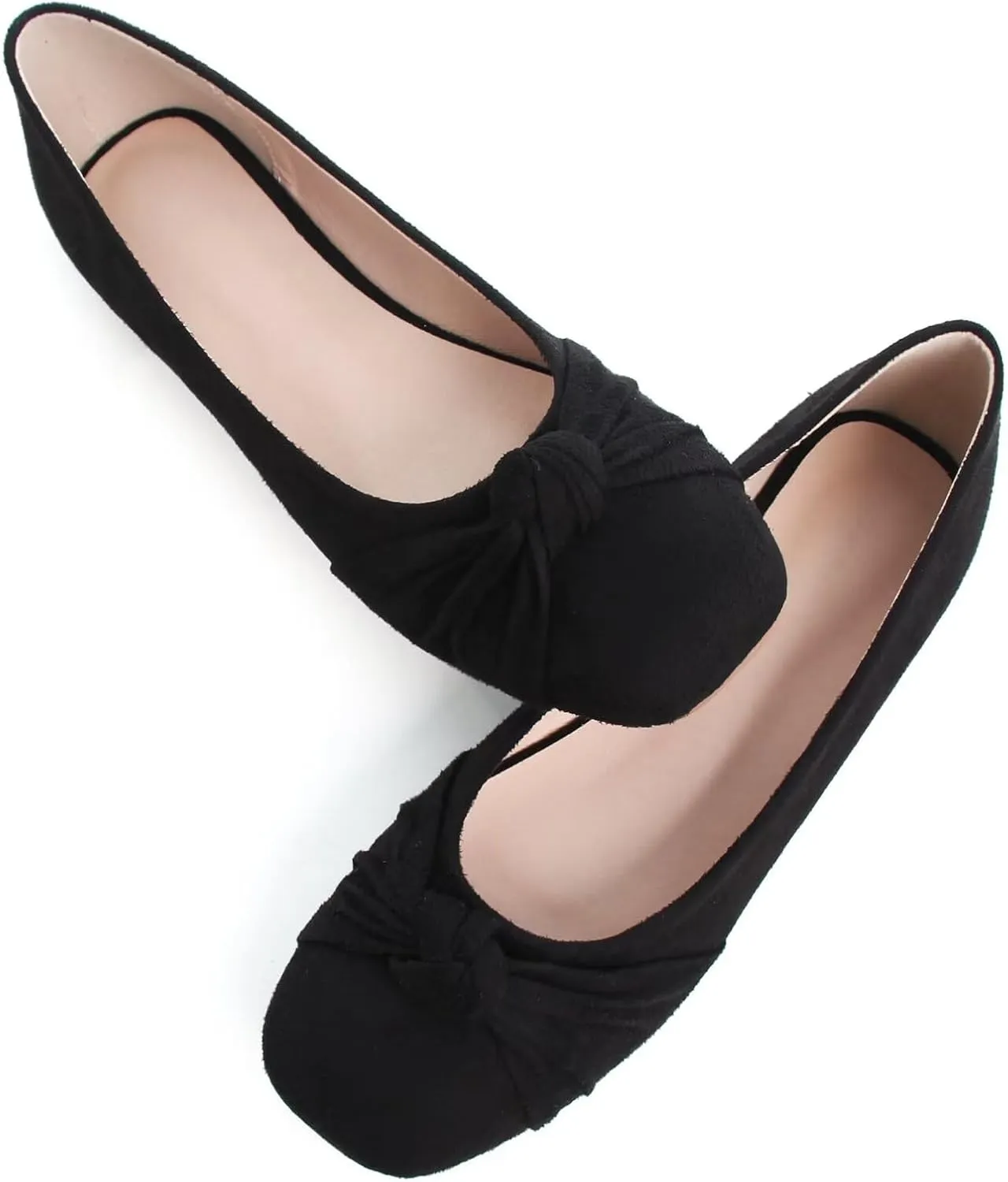WENJIAZHIZHI Pleated Bowknot Ballet Flats Shoes for Women Suede Dressy Shoes Comfortable Square Toe Slip On Walking Loafers Flats