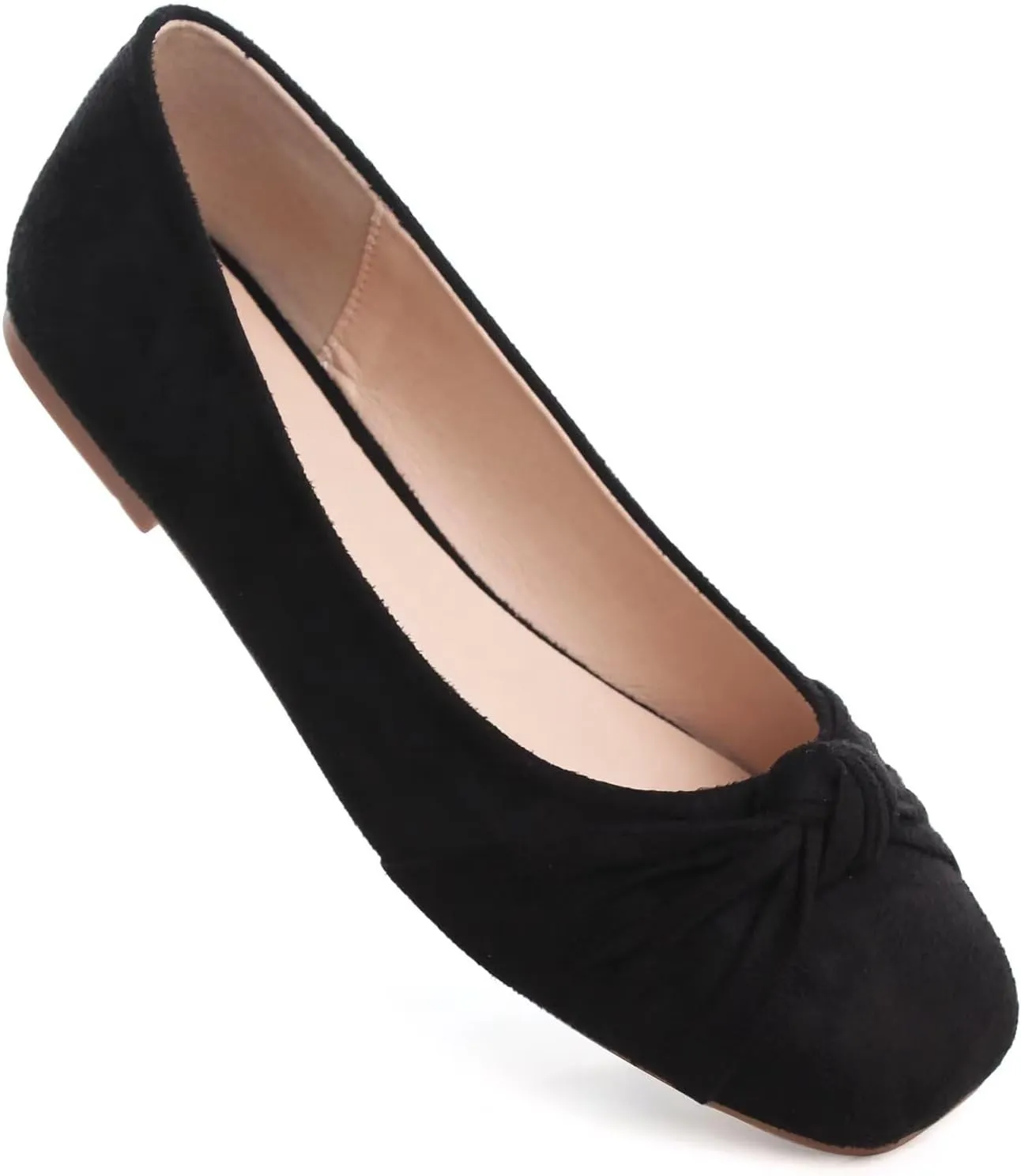 WENJIAZHIZHI Pleated Bowknot Ballet Flats Shoes for Women Suede Dressy Shoes Comfortable Square Toe Slip On Walking Loafers Flats