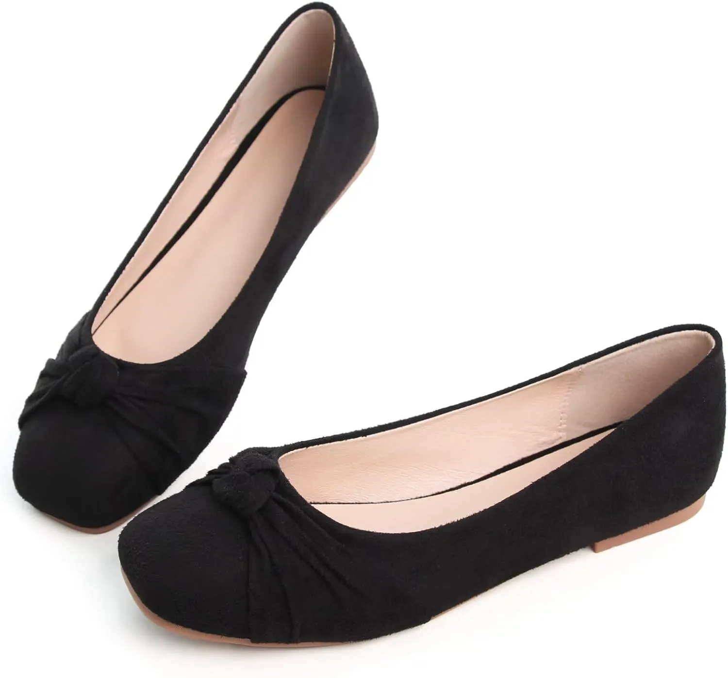 WENJIAZHIZHI Pleated Bowknot Ballet Flats Shoes for Women Suede Dressy Shoes Comfortable Square Toe Slip On Walking Loafers Flats