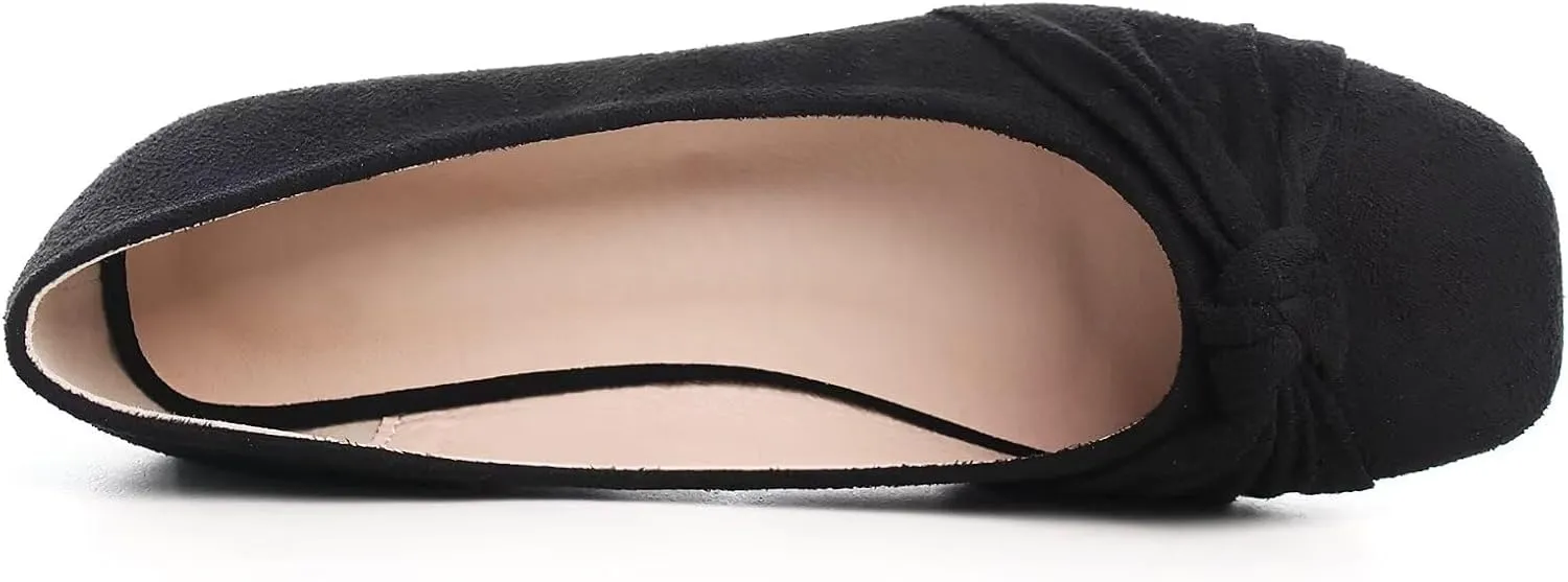 WENJIAZHIZHI Pleated Bowknot Ballet Flats Shoes for Women Suede Dressy Shoes Comfortable Square Toe Slip On Walking Loafers Flats