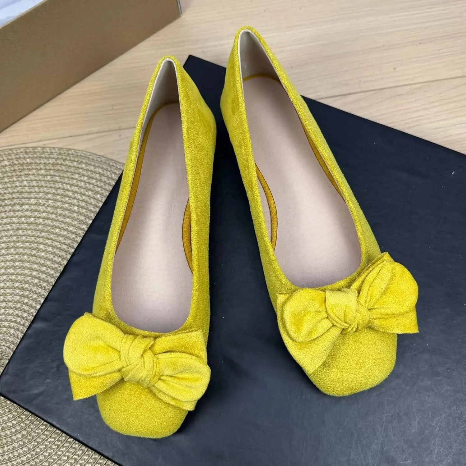 WENJIAZHIZHI Women's Bow-Knot Square Toe Ballet Flats Elegant Wedding Dressy Flat Shoes Comfortable Flat Shoes Female Slip-Ons Loafers