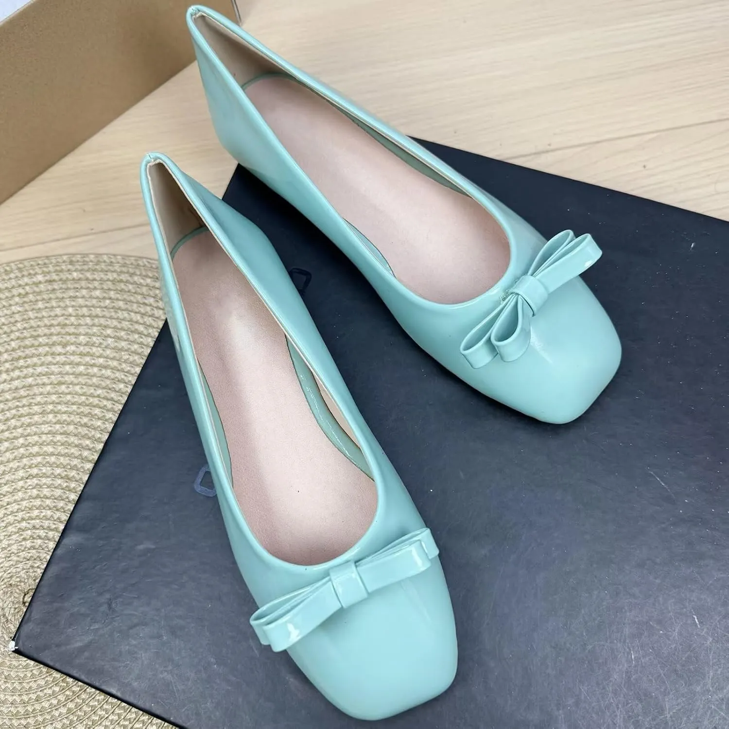 WENJIAZHIZHI Women's Bowknot Square Toe Ballet Flats Comfortable Dress Flat Shoes Elegant Dance Shoes Female Slip-Ons Loafers