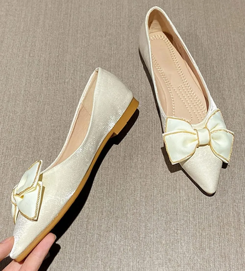 WENJIAZHIZHI Womens Glittery Bow Ballet Flats Pointed Toe Loafers Flat Dress Shoes for Women Wedding Dressy Comfortable