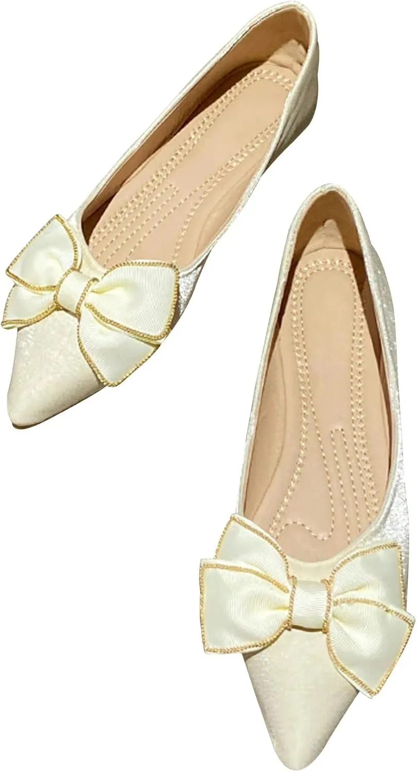 WENJIAZHIZHI Womens Glittery Bow Ballet Flats Pointed Toe Loafers Flat Dress Shoes for Women Wedding Dressy Comfortable