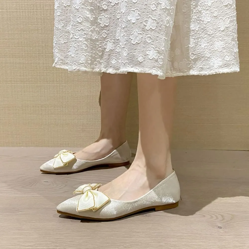 WENJIAZHIZHI Womens Glittery Bow Ballet Flats Pointed Toe Loafers Flat Dress Shoes for Women Wedding Dressy Comfortable