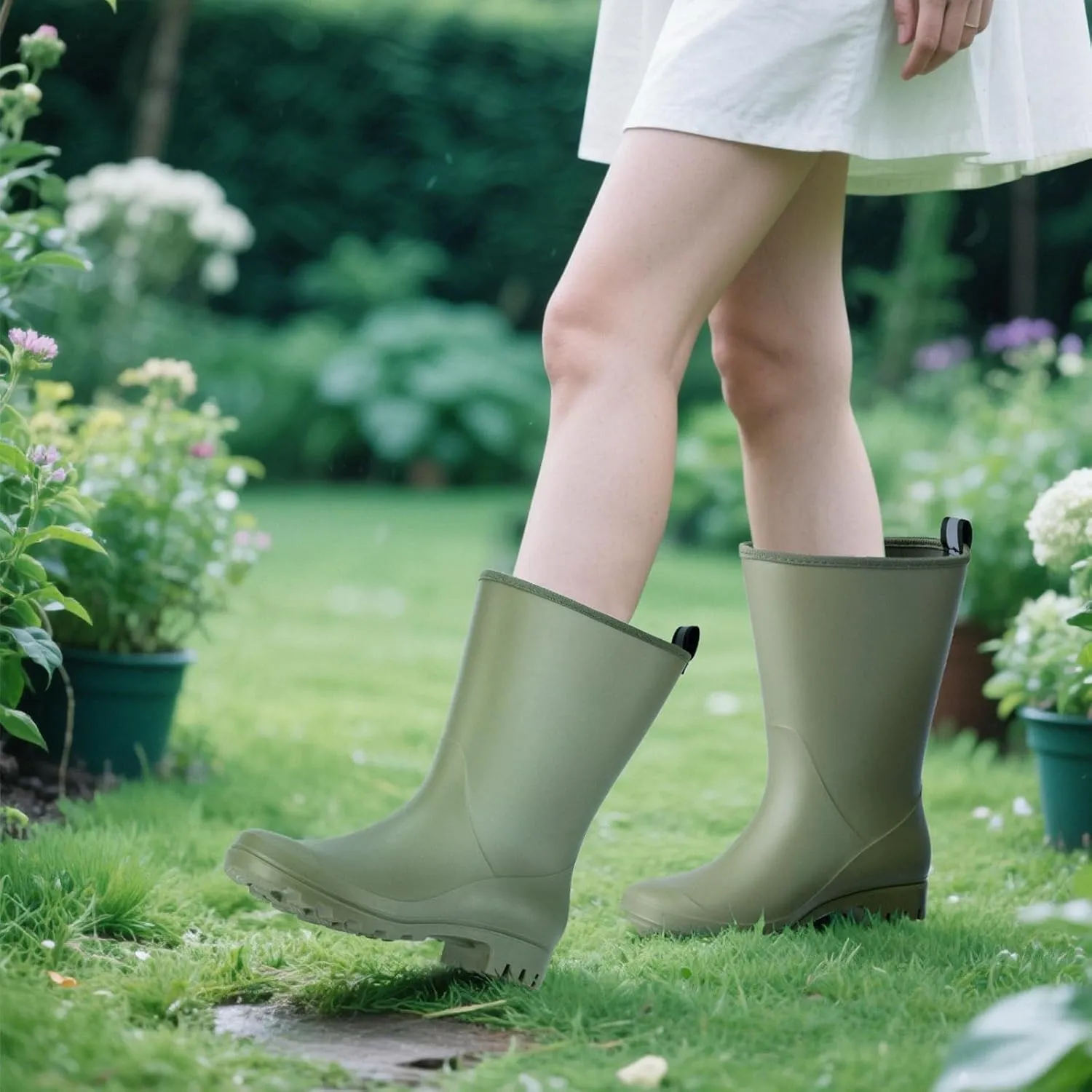 Wide Calf Rain Boots for Women Waterproof Mid-calf PVC Rubber Rain Boot Seamless Women's Rain Footwear Outdoor Garden Work Walking
