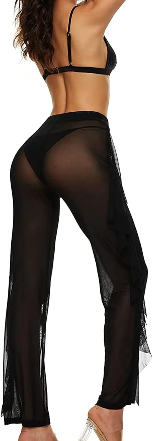 Willow Dance Women's Perspective Sheer Mesh Ruffle Pants Swimsuit Bikini Bottom Cover up Pants
