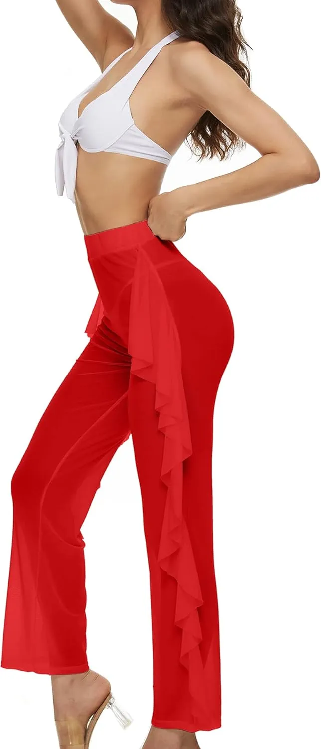 Willow Dance Women's Perspective Sheer Mesh Ruffle Pants Swimsuit Bikini Bottom Cover up Pants