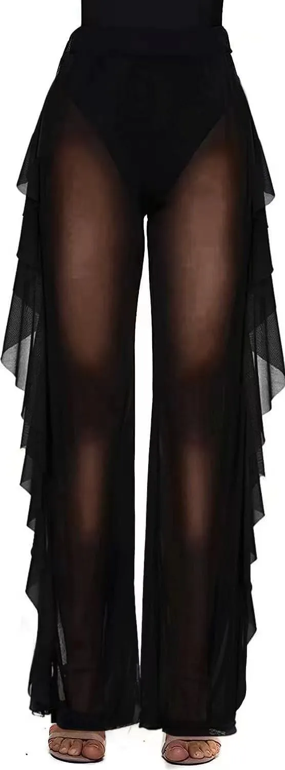 Willow Dance Women's Perspective Sheer Mesh Ruffle Pants Swimsuit Bikini Bottom Cover up Pants
