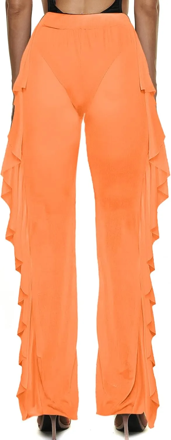 Willow Dance Women's Perspective Sheer Mesh Ruffle Pants Swimsuit Bikini Bottom Cover up Pants