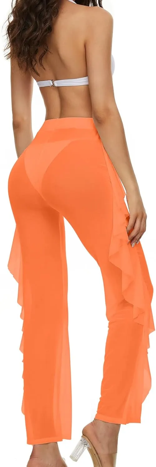 Willow Dance Women's Perspective Sheer Mesh Ruffle Pants Swimsuit Bikini Bottom Cover up Pants