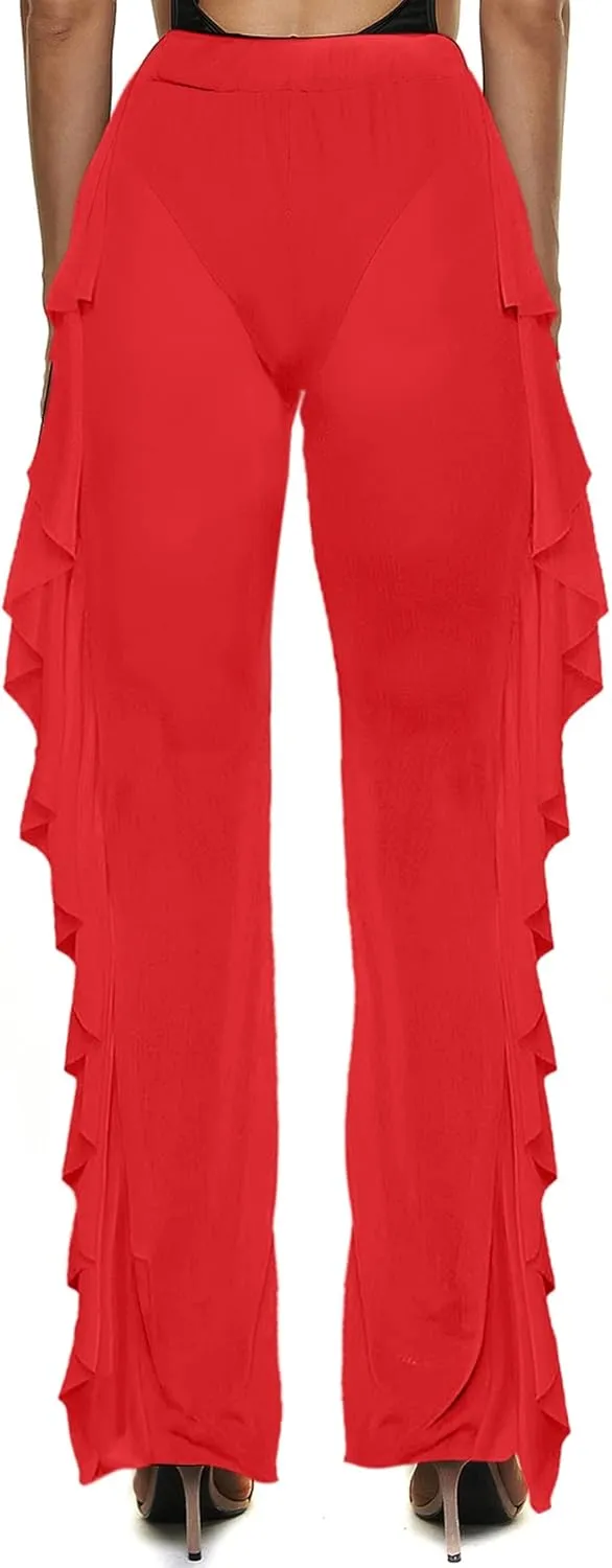Willow Dance Women's Perspective Sheer Mesh Ruffle Pants Swimsuit Bikini Bottom Cover up Pants