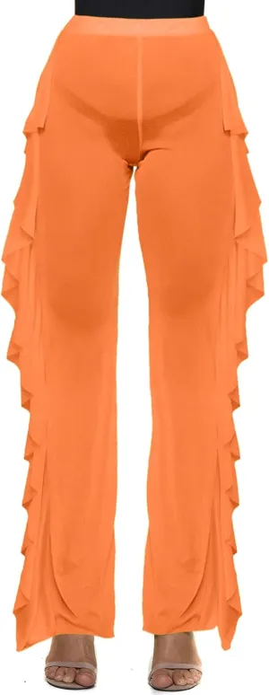 Willow Dance Women's Perspective Sheer Mesh Ruffle Pants Swimsuit Bikini Bottom Cover up Pants