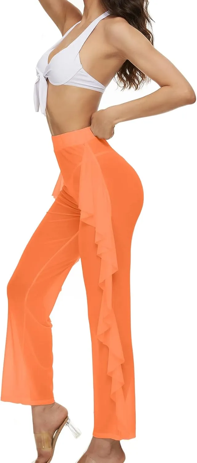 Willow Dance Women's Perspective Sheer Mesh Ruffle Pants Swimsuit Bikini Bottom Cover up Pants