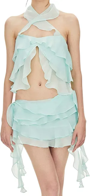 Women 2Pcs Skirt Sets Y2k Sheer Mesh Crop Sling Top Bodycon Ruffle 3D Flower Mini Skirt Tassels Outfit Sets Streetwear