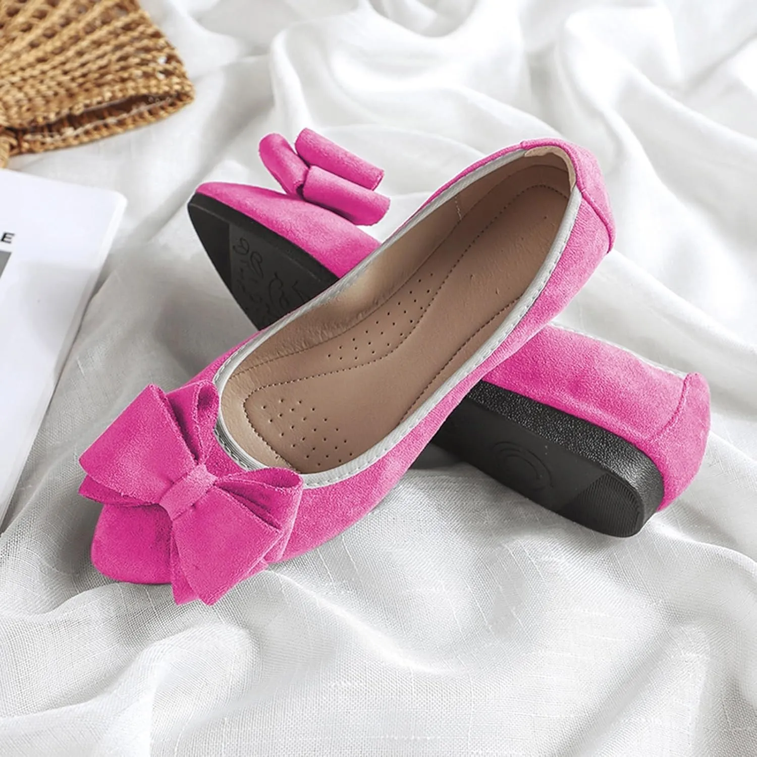 Women Ballet Flats Fashion Bowknot Suede Comfort Pointed Toe Slip On Dress Shoes