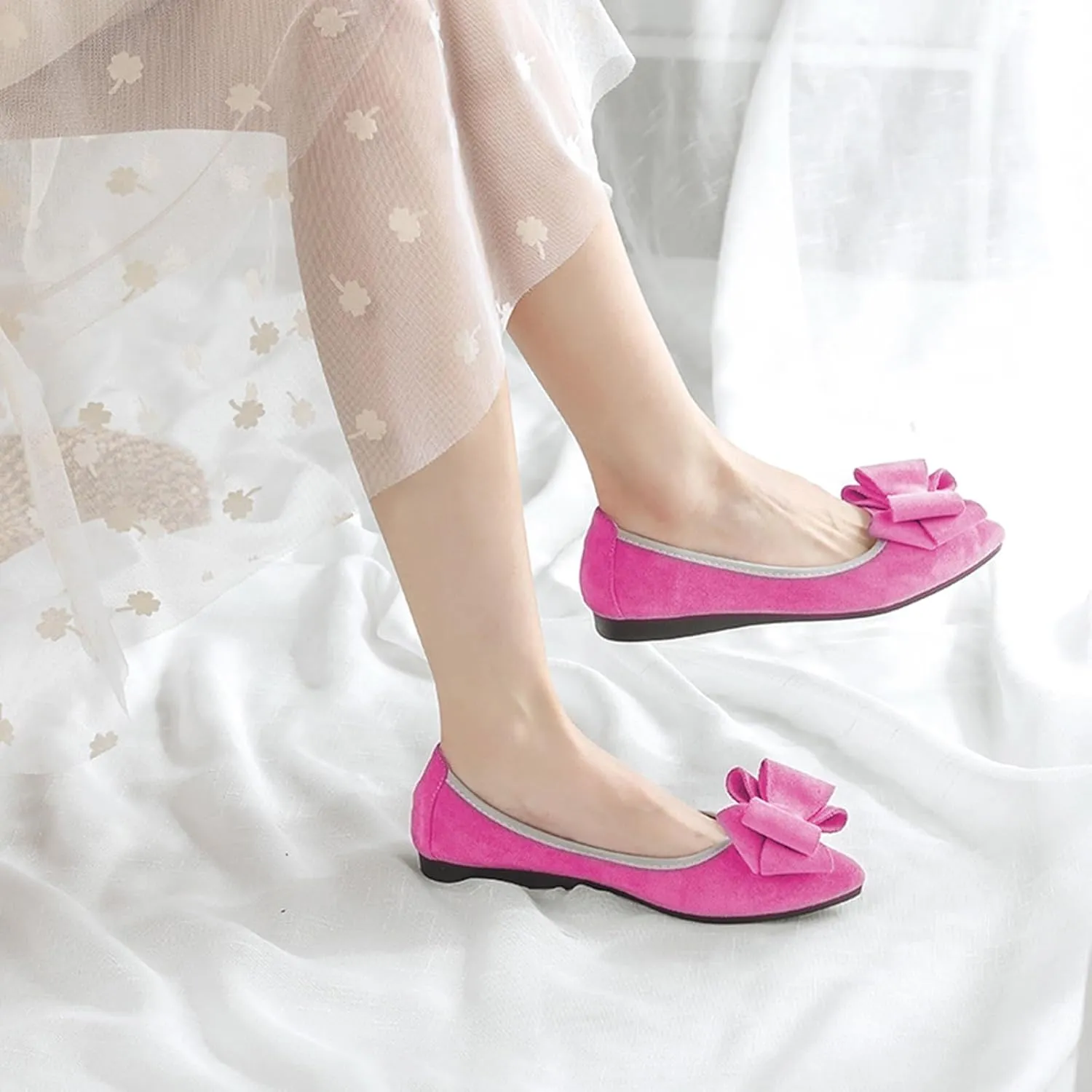 Women Ballet Flats Fashion Bowknot Suede Comfort Pointed Toe Slip On Dress Shoes