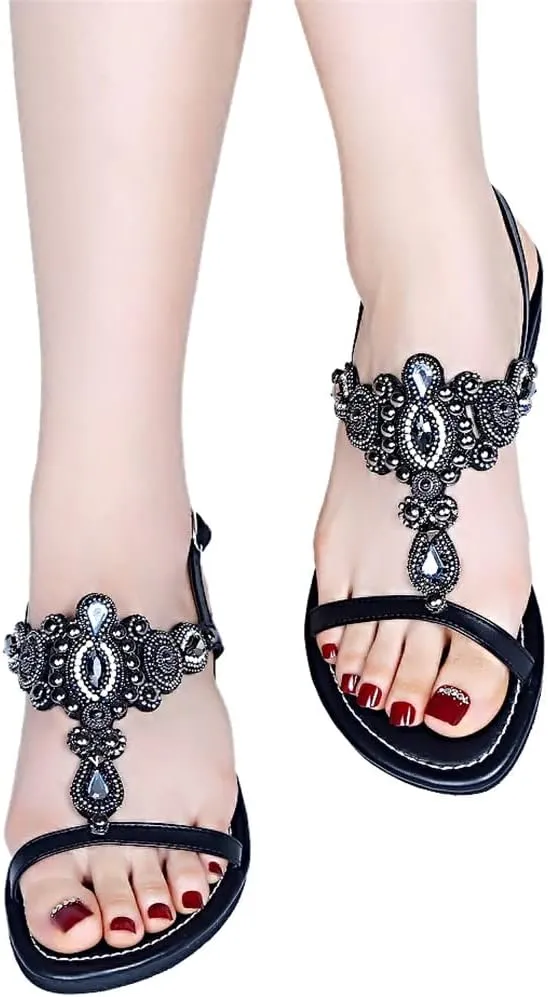 Women Boho Tribe Retro Sandals Rhinestone Peep Toe Summer Shoes Soft Beach Slipper