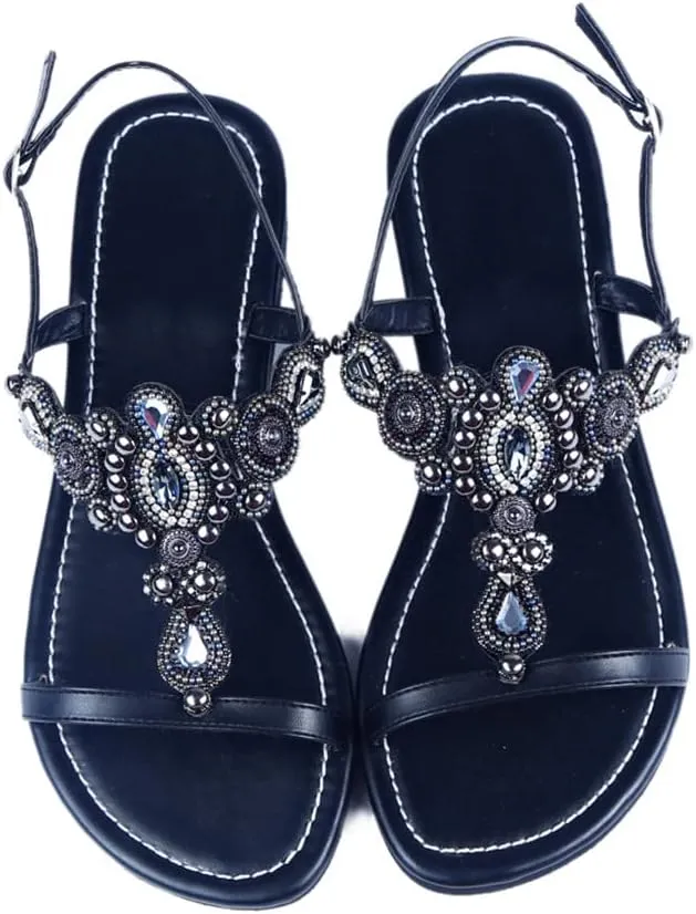 Women Boho Tribe Retro Sandals Rhinestone Peep Toe Summer Shoes Soft Beach Slipper