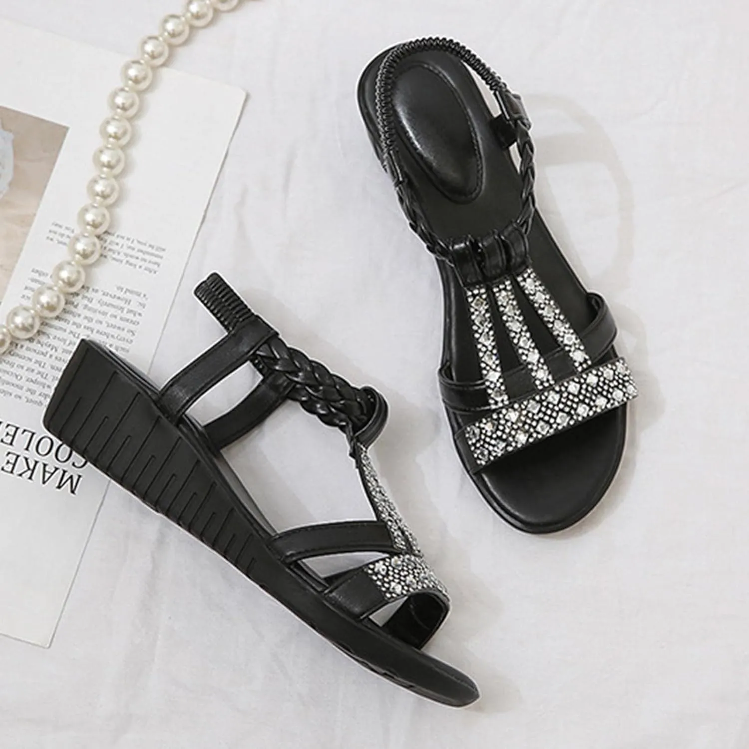 Women Dressy Rhinestone Sandals Low Wedge Rope Bohemian Roman-Sandal Comfort Solid Sandal with Elastic Back Strap Summer Shoes
